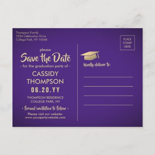 Paarse en gouden Afstuderen foto Sla de datum op Briefkaart (Achterkant)