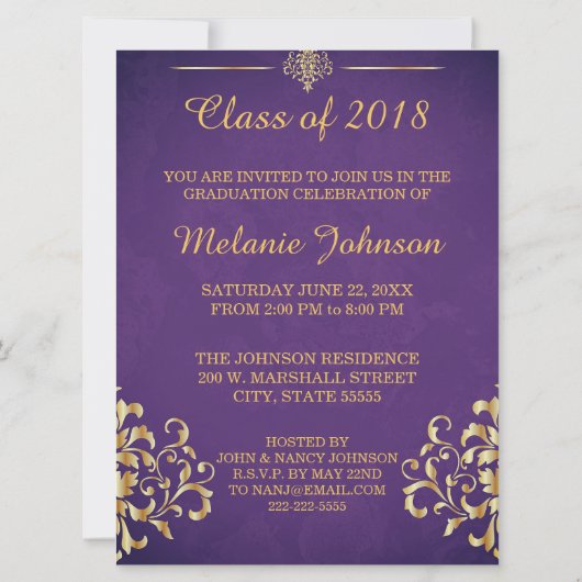Paarse en gouden Afstuderen Kaart (Achterkant)