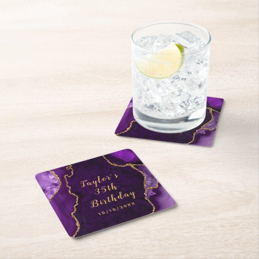 Paarse en gouden Agaat Marmer Verjaardag Kartonnen Onderzetters (Insitu)