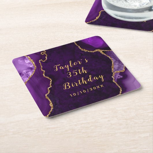 Paarse en gouden Agaat Marmer Verjaardag Kartonnen Onderzetters (Schuin)