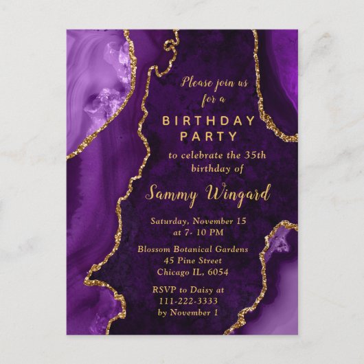 Paarse en gouden Agaat Marmer Verjaardagsfeest Briefkaart (Voorkant)