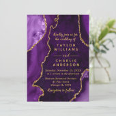 Paarse en gouden Agaat Marmeren Bruiloft Kaart (Staand voorkant)