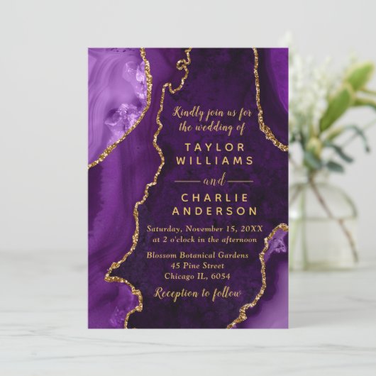 Paarse en gouden Agaat Marmeren Bruiloft Kaart (Staand voorkant)