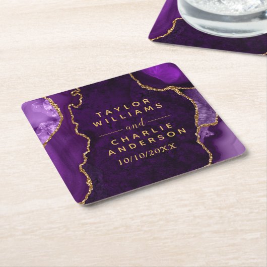 Paarse en gouden Agaat Marmeren Bruiloft Kartonnen Onderzetters (Schuin)