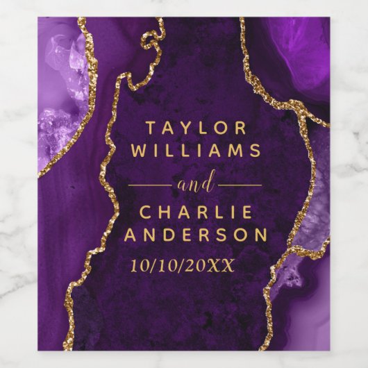 Paarse en gouden Agaat Marmeren Bruiloft Wijn Etiket (Enkel label)