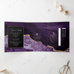 Paarse en gouden Agate Wedding Tri-Fold Uitnodigin Drieluik Uitnodiging