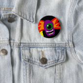 Paarse en gouden Alien Head Pin Ronde Button 5,7 Cm (In situ)