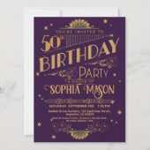Paarse en gouden Art Deco 50e Verjaardag Uitnodige Kaart (Voorkant)