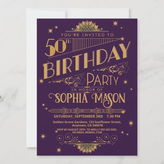 Paarse en gouden Art Deco 50e Verjaardag Uitnodige Kaart (Voorkant)