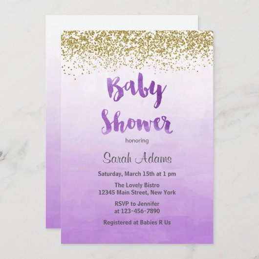 Paarse en gouden Baby shower Kaart (Voorkant / Achterkant)