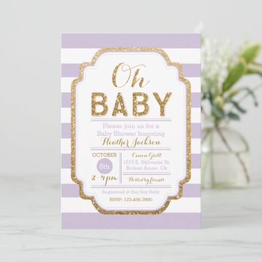 Paarse en gouden Baby shower uitnodiging, baby mei Kaart (Staand voorkant)