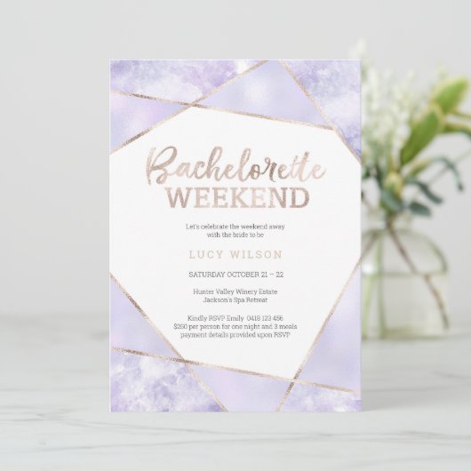 Paarse en gouden Bachelorette Weekenduitnodiging Kaart (Staand voorkant)