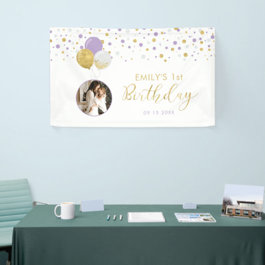 Paarse en gouden ballon, eerste verjaardag Fotoban Spandoek (Beurs)