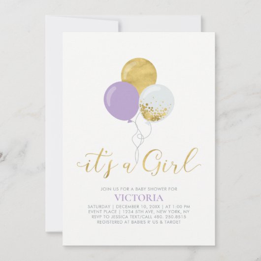 Paarse en gouden ballonnen | Het is een meisje Bab Kaart (Voorkant)
