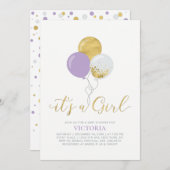 Paarse en gouden ballonnen | Het is een meisje Bab Kaart (Voorkant / Achterkant)