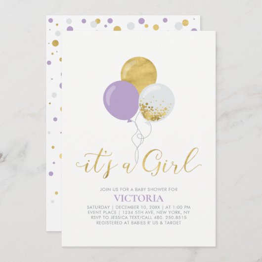 Paarse en gouden ballonnen | Het is een meisje Bab Kaart (Voorkant / Achterkant)