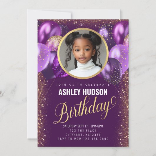 Paarse en gouden ballonnen Kids verjaardagsuitnodi Kaart (Voorkant)