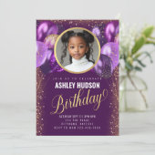 Paarse en gouden ballonnen Kids verjaardagsuitnodi Kaart (Staand voorkant)