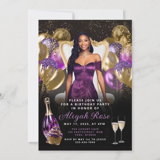 Paarse en gouden ballonnen koninklijke verjaardags kaart (Voorkant)