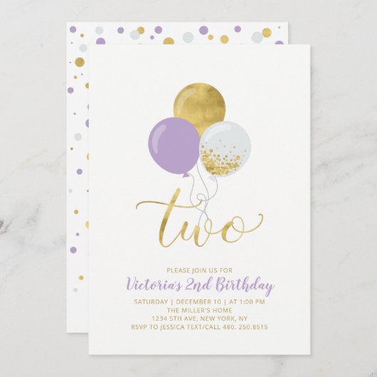 Paarse en gouden ballonnen Tweede verjaardag Kaart (Voorkant / Achterkant)