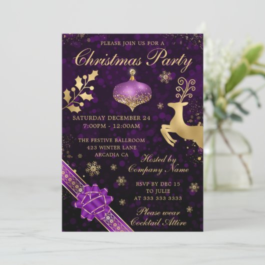 Paarse en gouden Bauble & Ribbon kerstfeest Kaart (Staand voorkant)