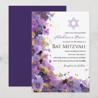 Paarse en gouden bloem Bat Mitzvah Kaart