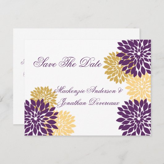 Paarse en gouden bloemblaadjes slaan de datum op aankondigingskaart (Voorkant / Achterkant)