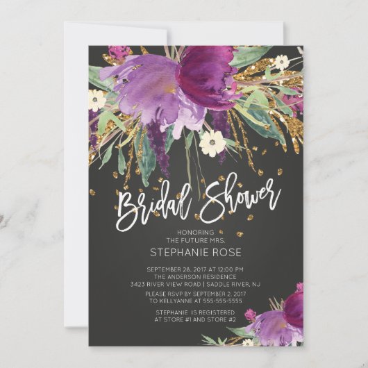 Paarse en gouden bloemen bruidsdouche uitnodiging (Voorkant)