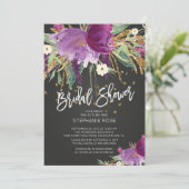 Paarse en gouden bloemen bruidsdouche uitnodiging (Staand voorkant)
