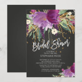 Paarse en gouden bloemen bruidsdouche uitnodiging (Voorkant / Achterkant)