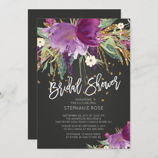 Paarse en gouden bloemen bruidsdouche uitnodiging (Voorkant / Achterkant)