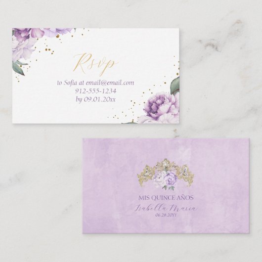 Paarse en gouden bloemen Elegant Quinceañera RSVP Informatiekaartje (Voorkant / Achterkant)