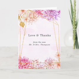 Paarse en gouden bloemen geometrische bruiloft fot bedankkaart