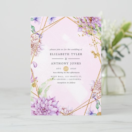Paarse en gouden bloemen geometrische bruiloft kaart (Staand voorkant)