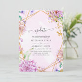 Paarse en gouden bloemen geometrische bruiloft upd kaart (Staand voorkant)