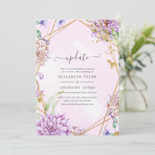 Paarse en gouden bloemen geometrische bruiloft upd kaart (Staand voorkant)