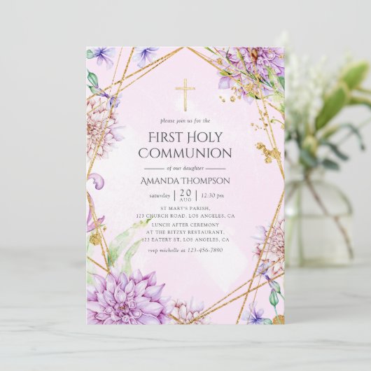 Paarse en Gouden Bloemen Geometrische Heilige Comm Kaart (Staand voorkant)