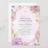 Paarse en Gouden Bloemen Geometrische Heilige Comm Kaart (Voorkant / Achterkant)