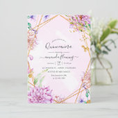 Paarse en gouden bloemen geometrische quinceañera kaart (Staand voorkant)