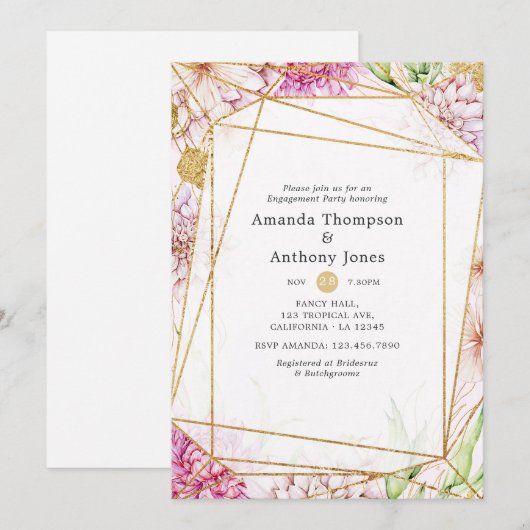 Paarse en gouden bloemen geometrische verlovingsfe kaart (Voorkant / Achterkant)