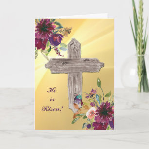 Paarse en Gouden Bloemen Houten Kruis Paas Kaart