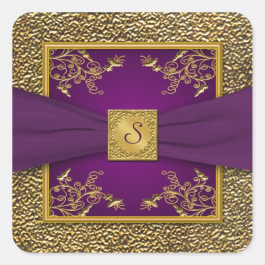 Paarse en Gouden Bloemen Monogram Bruiloft Sticker (Voorkant)