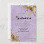 Paarse en gouden bloemen Quinceanera Party Invite Kaart (Voorkant)