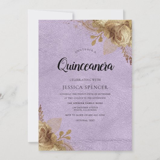 Paarse en gouden bloemen Quinceanera Party Invite Kaart (Voorkant)