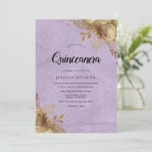 Paarse en gouden bloemen Quinceanera Party Invite Kaart (Staand voorkant)