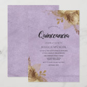 Paarse en gouden bloemen Quinceanera Party Invite Kaart (Voorkant / Achterkant)
