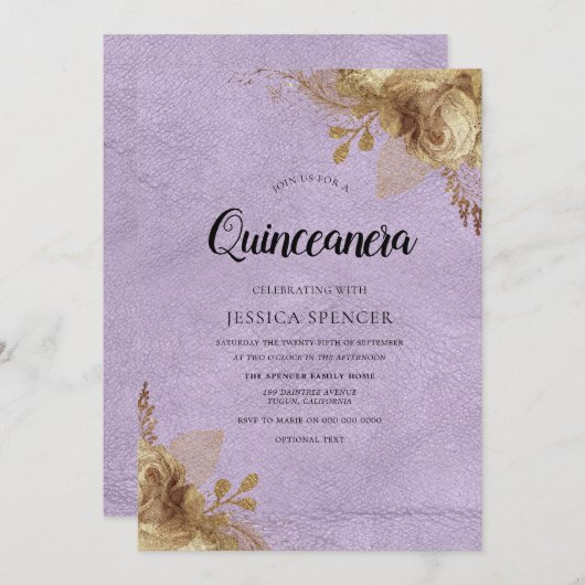 Paarse en gouden bloemen Quinceanera Party Invite Kaart (Voorkant / Achterkant)