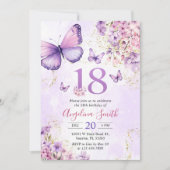 Paarse en gouden bloemen vlinder 18e verjaardag kaart (Voorkant)