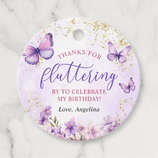 Paarse en gouden bloemen vlinder 1e verjaardag bedankjes labels (Voorkant)