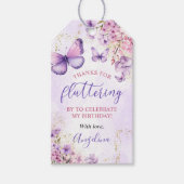 Paarse en gouden bloemen vlinder 1e verjaardag cadeaulabel (Voorkant)